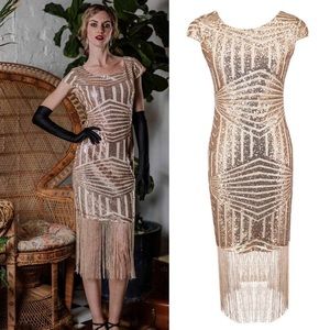 Gold Sparkly Fringe Evening Dress